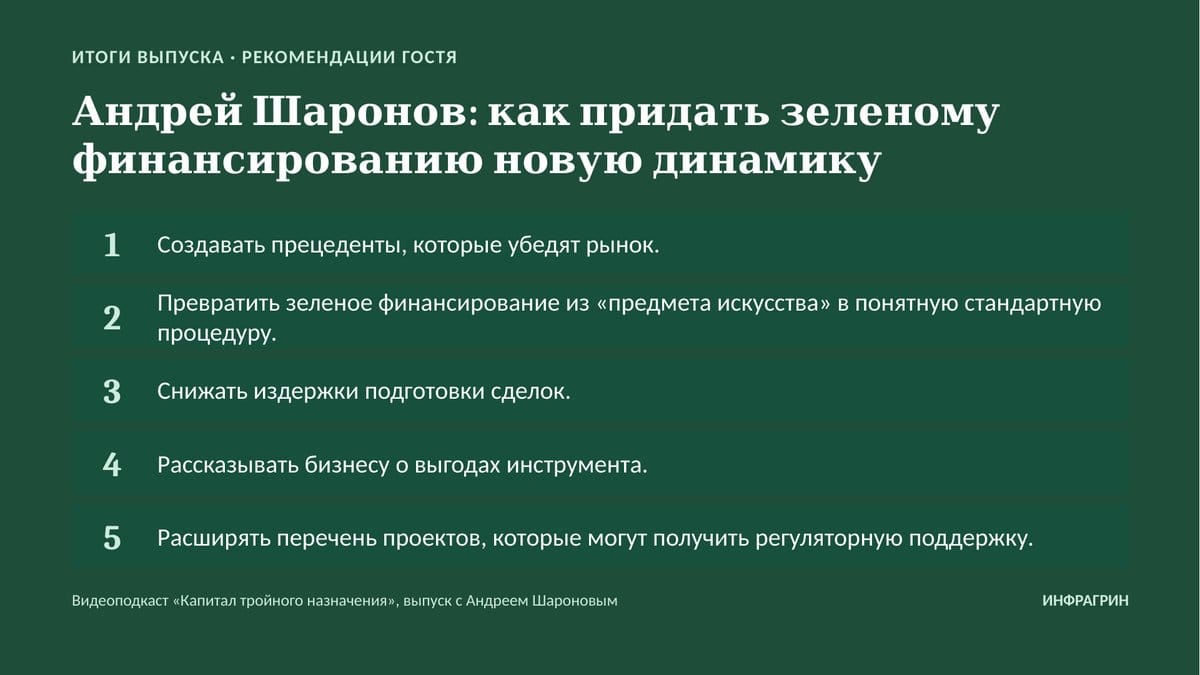 Слайд с рекомендациями Андрея Шаронова, как придать зеленому финансированию новую динамику