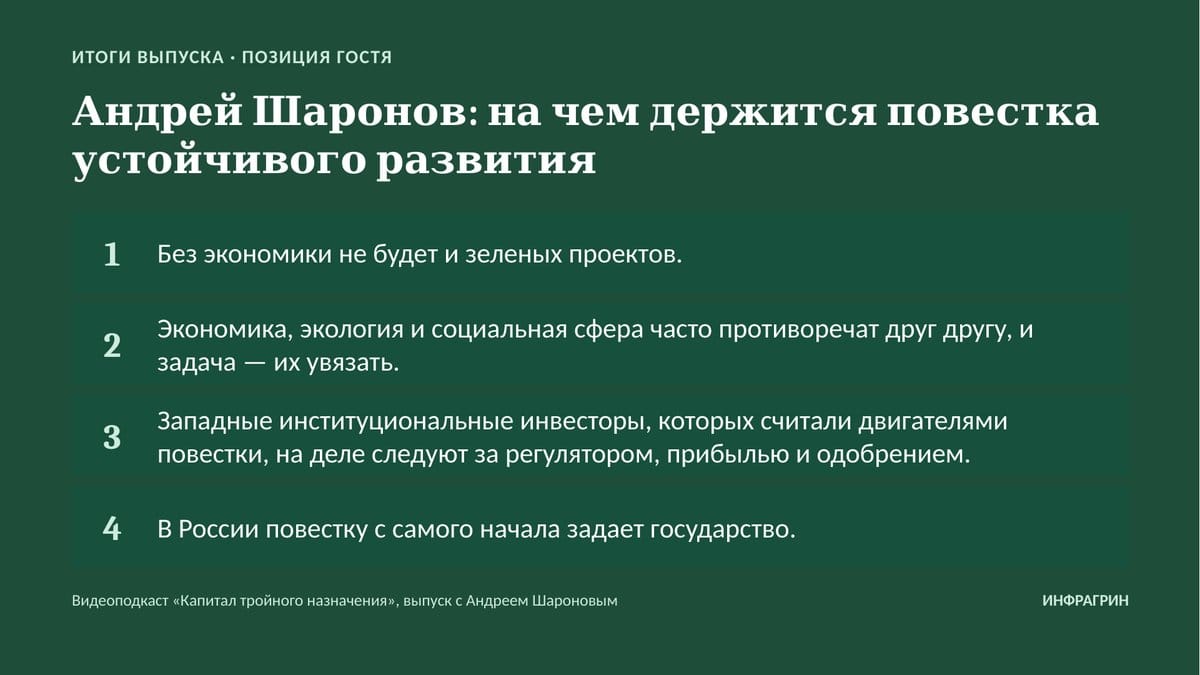 Слайд с позицией Андрея Шаронова, на чем держится повестка устойчивого развития